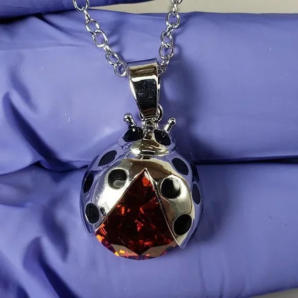 Women Sterling Silver overlay Red Ruby Stone Swarovski Crystal Ladybug Necklace - Picture 6 of 10